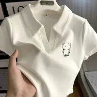 Summer New Korean Women Fashion Casual Lapel Polo Shirts Solid Versatile Slim Short Sleeve Love Logo Short Kawaii Knitted Tops - Image 6