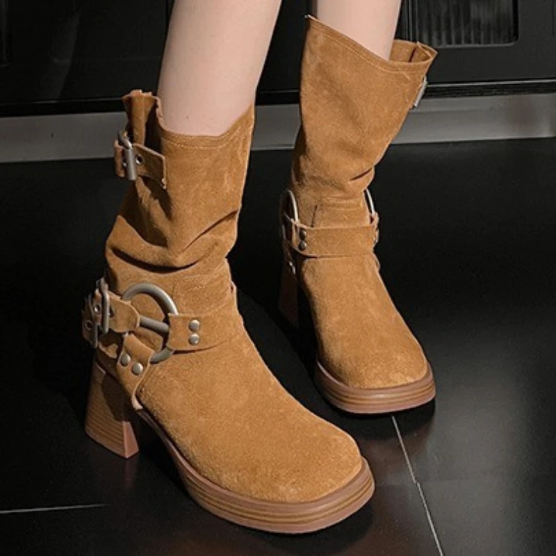 

Женские ботинки без застежки, однотонные ботинки из флока на высоком каблуке, с круглым носком и пряжкой, зима 2023