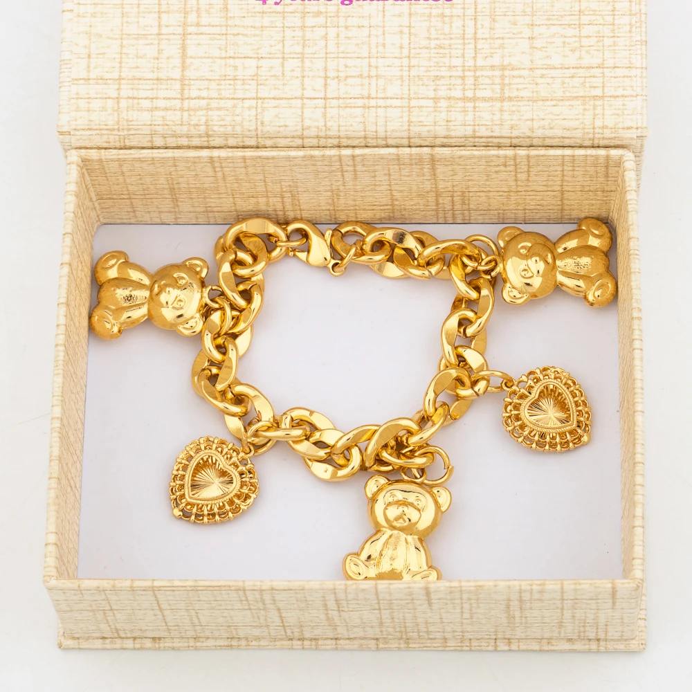 

Dubai Gold Plated Bracelet with Box Ladies Cute Bear Pendant Bracelet for Party Weddings Bohemia Style Bracelets for Girls Gift