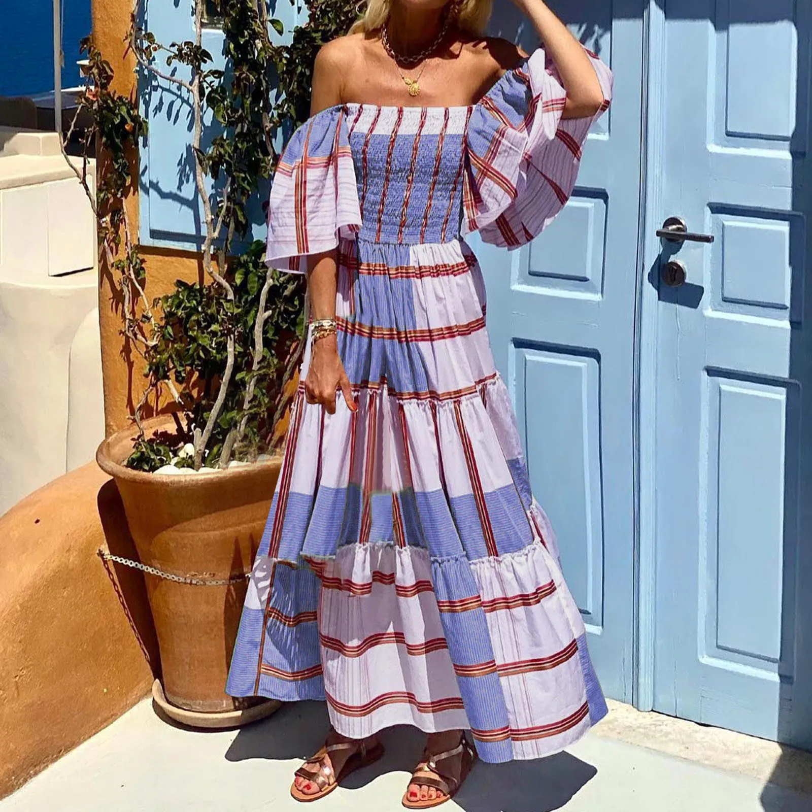 

Women Floral Print Off Shoulder Maxi Long Dress Summer Sleeveless Long Beach Vacation Party Feminino Sexy Graduation Robe