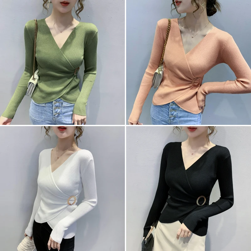 MadBlack European Clothes Sweater Women V Neck Irregular Crossover Slim Knitwear Top Long Sleeve Pullover Autumn Spring T38078JM