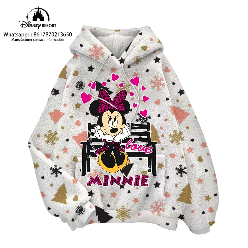 Disney Mickey Minnie Hoodie Christmas Gift Women Sweatshirt Long Sleeve Tops Street Winter Casual Pullover 260gm Flannel Hoodie autumn winter women s clothing stripes checkers printing midi shirt street fashion turn down collar loose buckle flannel coats