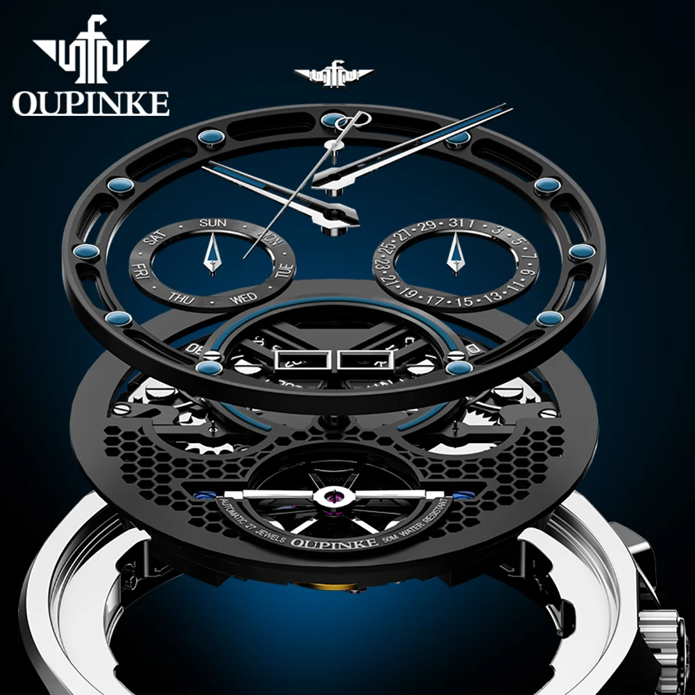 OUPINKE Automatic Mechancial Watch for Men Luxury Swiss Certificated Brand Men's Wristwatches Skeleton Hollow Fashion Man Watch