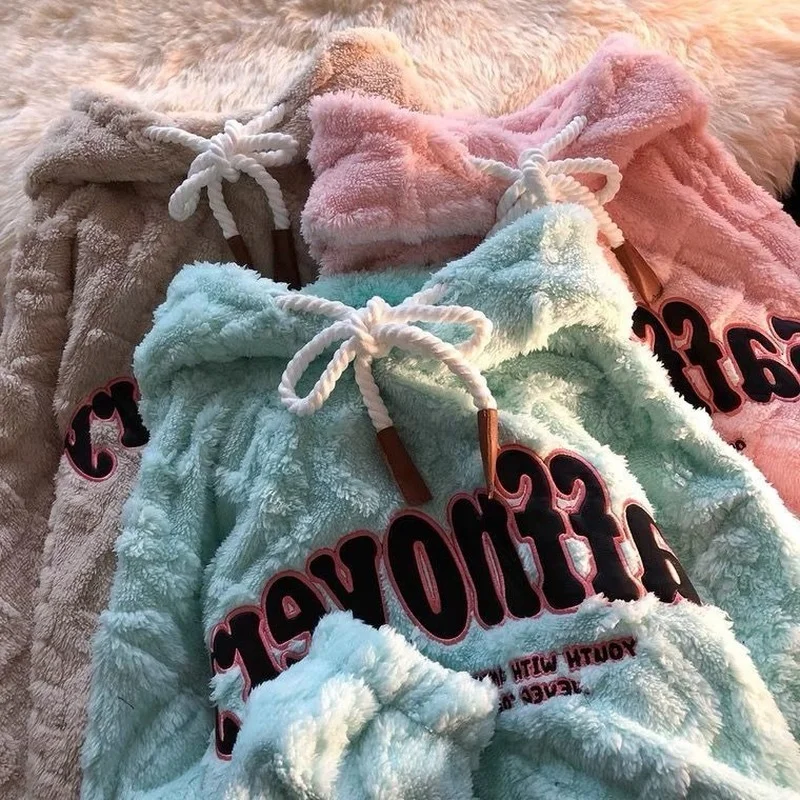 Loose Retro High Sense Hoodie 2024 Cute and Gentle Letter Embroidery Plus Velvet Thick Lamb Wool Sweater Women Autumn and Winter