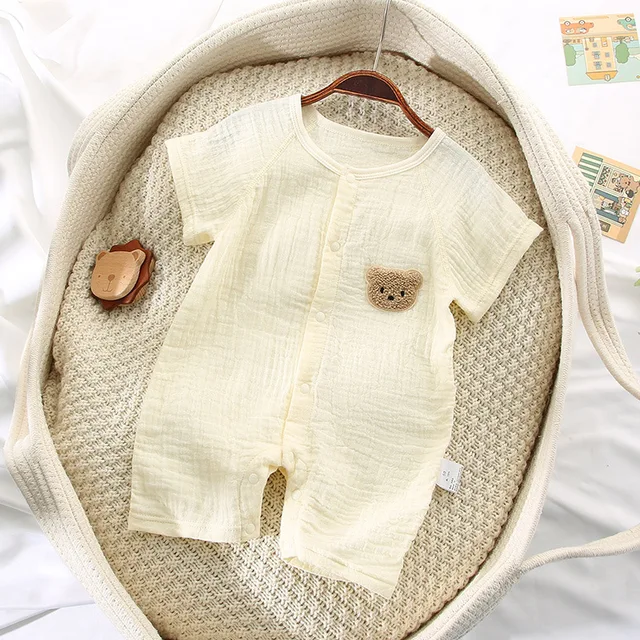 2022 Summer New Baby Thin Cotton Short Sleeve Romper Infant Boy Girl Cute Cartoon Bear Print Clothes Newborn Casual Jumpsuit