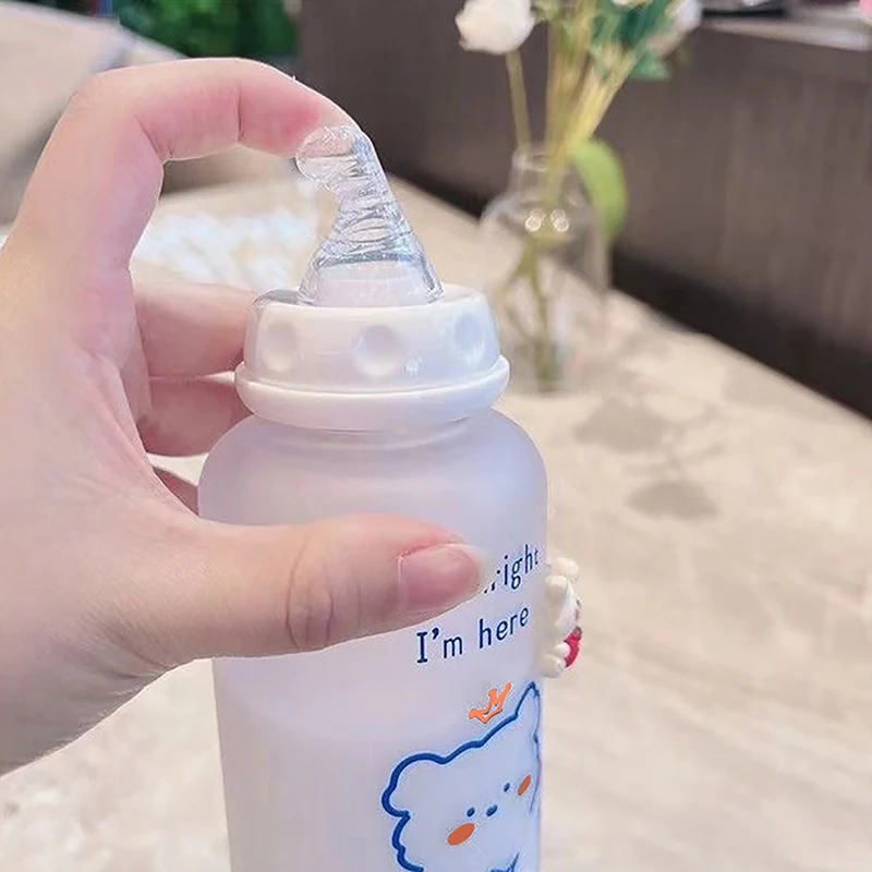 Cute Plastic Strawberry Bear Water Bottle 1PC 400ml for Kids Adult Milk Juice Straw Cup Frosted Leakproof Drinking Bottles for Water Bottle
