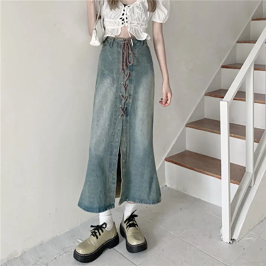 

Loose Large Size High Waist Denim Skirt Women's Spring Korean Style Bandage Design Sense Mid-Length Sexy Skirt Oversized