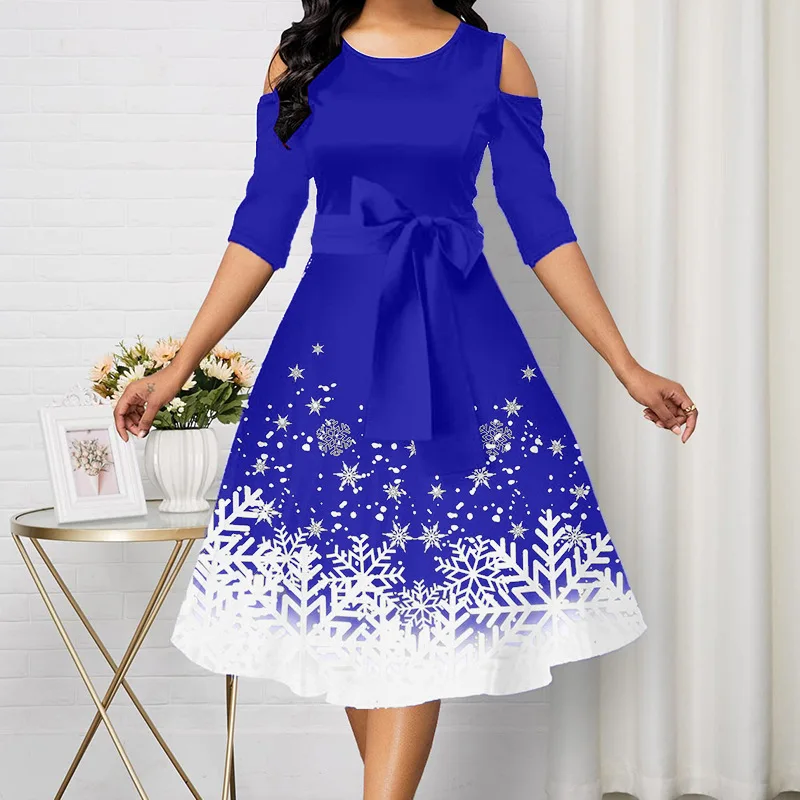 Temperament Elegant O-Neck Snowflake Print Off Shoulder Three Quarter Sleeve Autumn Lacing Zipper Midi Plus Size Dress for Women