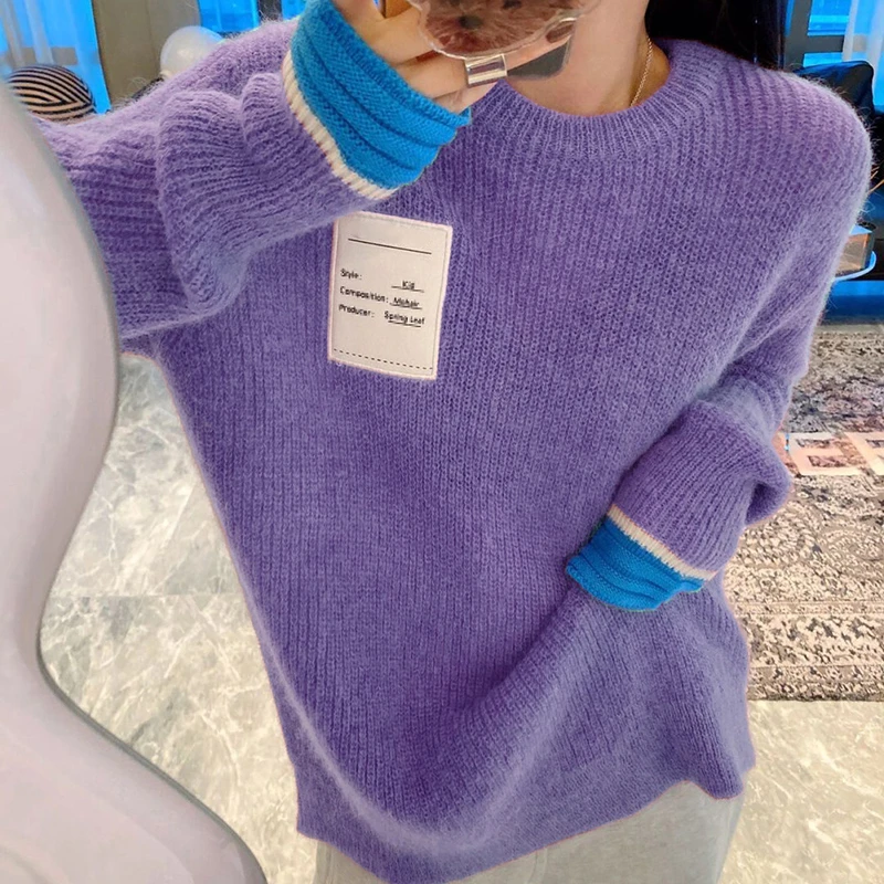 

Autumn Winter Sweater Women Contrast Color Patchwork Long Sleeve O Neck Pullover Jumpers Casual Vintage Pull Femme Purple Jumper