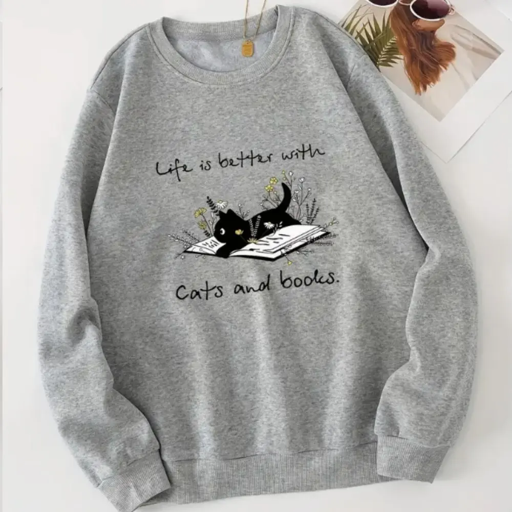 

Cartoon Cat Print Round Neck Sweatshirt For Women Long Sleeve Pullover Sports Top Women's Clothing O Neck Pullovers Clothes 2023
