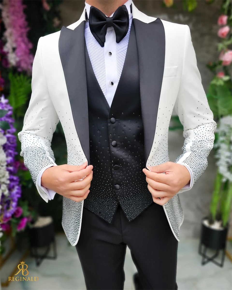 Luxury Beaded Men Suits for Gentleman Slim Fit Wedding Groom Tuxedo Italian Style Male Suit Jacket with Pants Vest