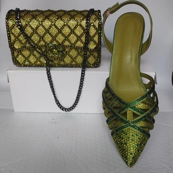 Insightlink Scarpe da donna con tacco alto con strass verde oliva e pochette con diamanti Tacchi alti Sandali con tacco a spillo Borse da sposa 1