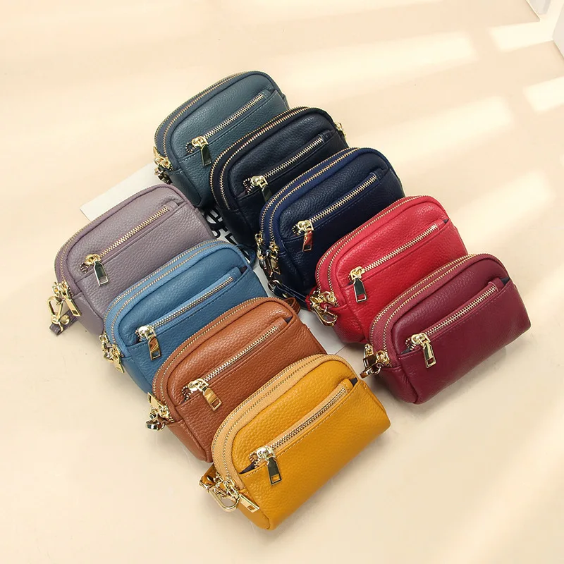 Elegant Genuine Leather Mini Wallet - Women's Handbag Style Coin Purse with Triple Zipper Design