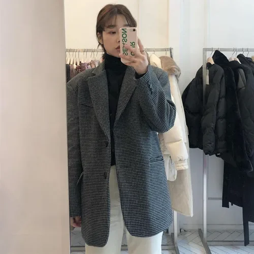 Korean Style Retro Houndstooth Oversize Autumn and Winter Lace-up Suit Loose Woolen Ladies Jacket Fashion Casual Jacket 2024 New