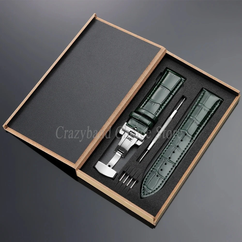 Elegant Leather Watch Strap with Metal Butterfly Clasp and Wooden Box (14mm-22mm)