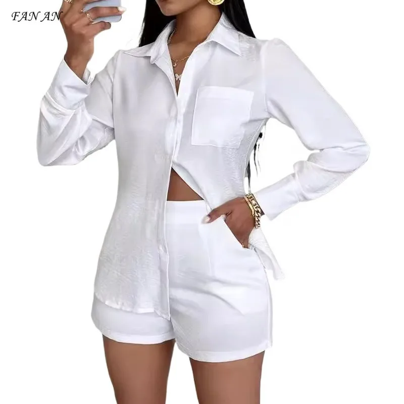 

2024 New Women's Temperament Elegant Commuter Solid Color Pocket Long Sleeve Shirt Casual Shorts Set Women's Two-piece Set