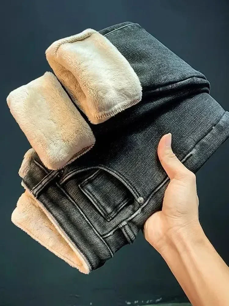 Winter Lambwool Womens Slim Pencil Jeans Warm High Waist Leggings Vaqueros Casual Moms Fleece Thicken Denim Pants Snow Velvet jeans trousers denim trousers