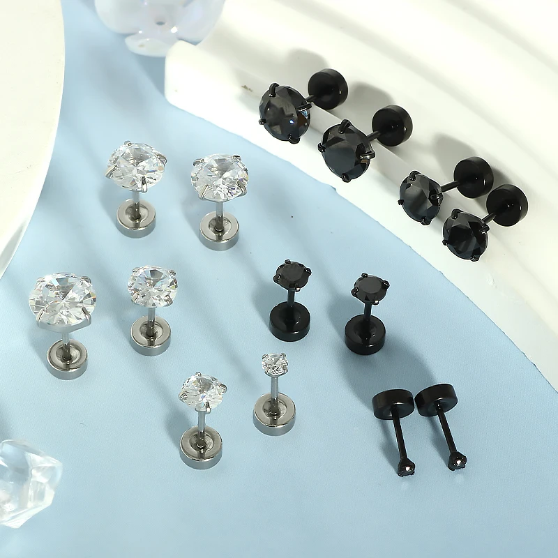 50pcs/lot Stainless Steel Crystal Flat Studs Women Men Bar Screw Back Tragus Round Clear Cubic Zirconia Piercing Earrings Jewelr