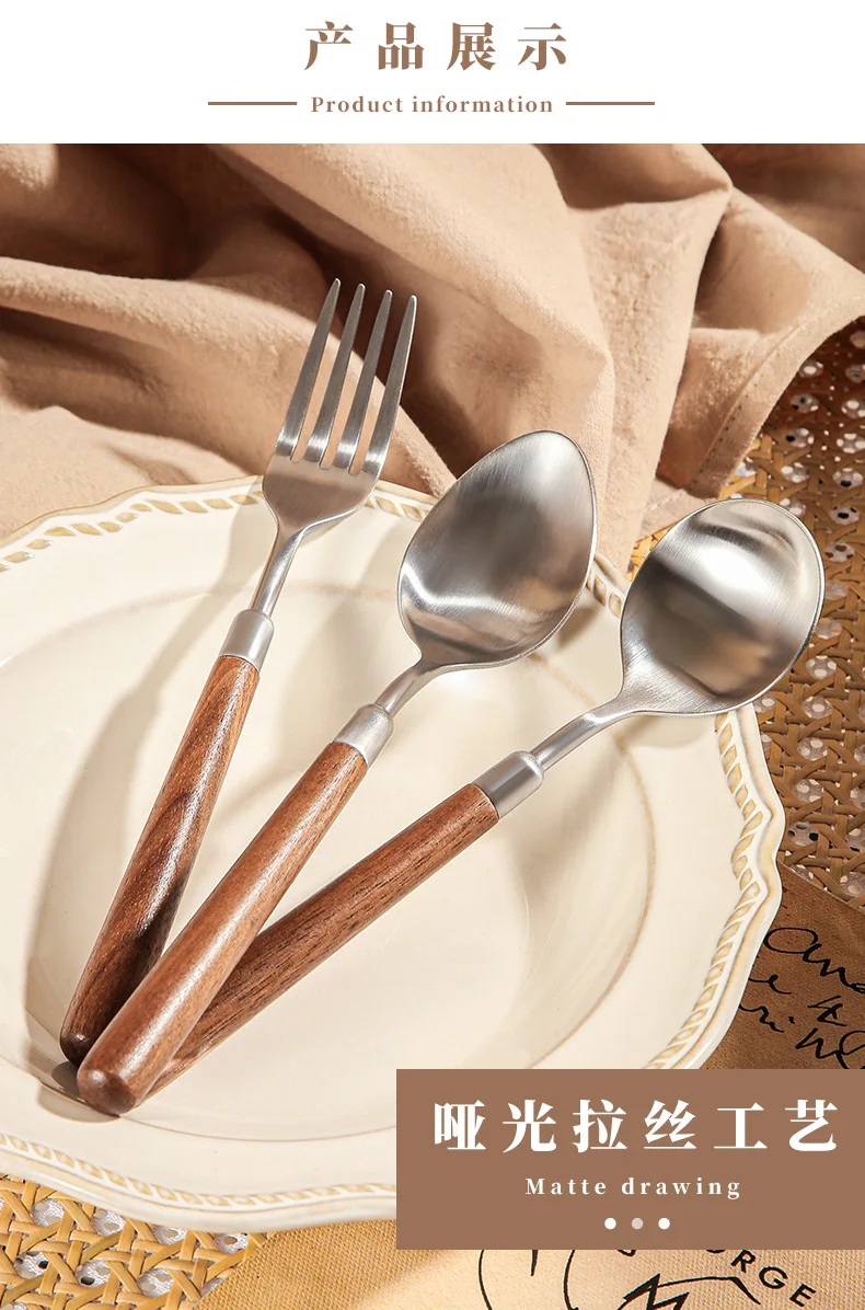 Description Picture 6 of item304 Stainless Steel Cutlery Set Wood Handle Dinnerware Spoon Fork Knife Western Cutleri Silverware Tableware Supplies