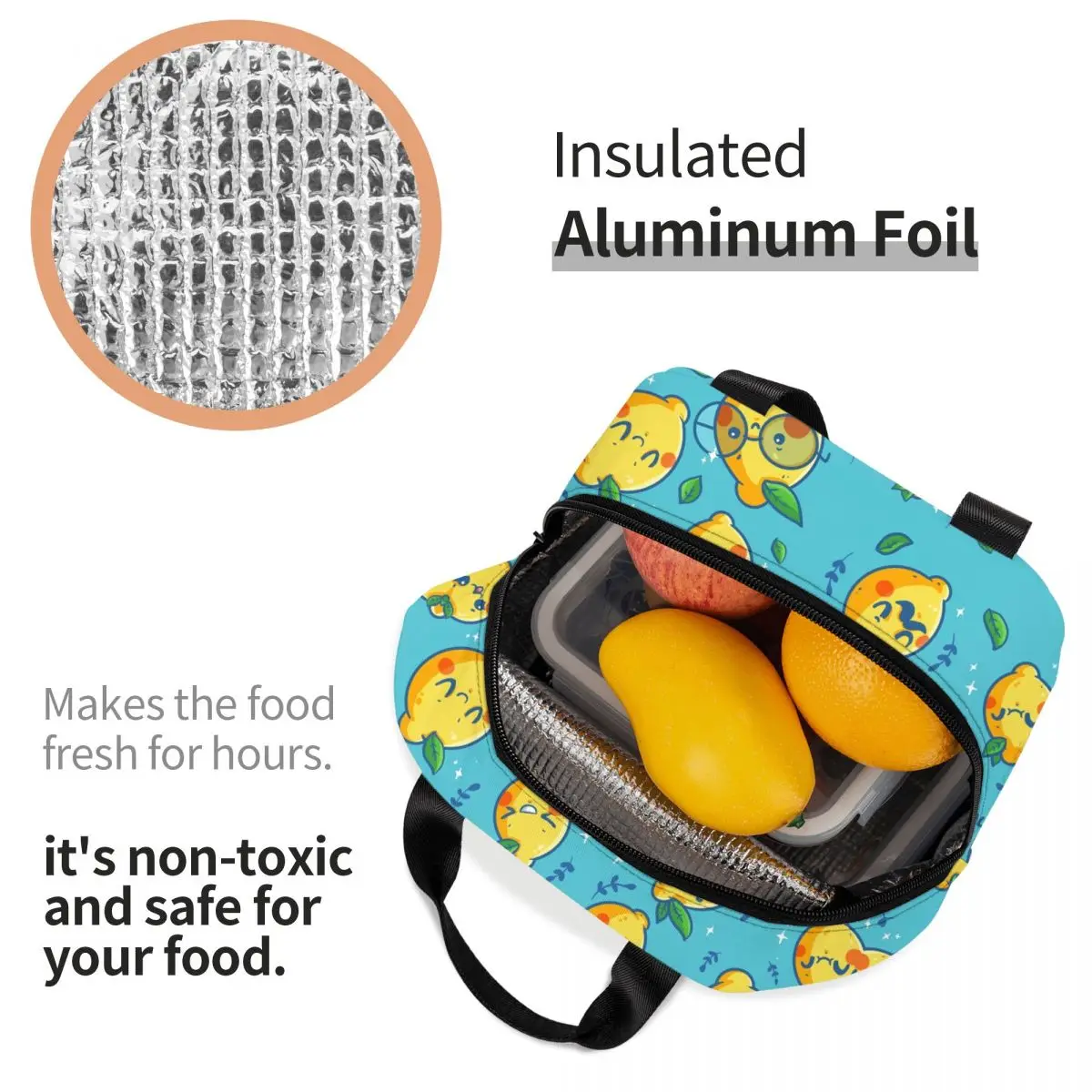 Funny Lemon Faces Insulated Lunch Tote Bag for Women Summer Citrus Fruit Resuable Cooler Thermal Food Lunch Box School