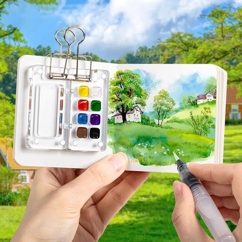 Mini Kit De Peinture Aquarelle De Voyage, 8 Grilles En Bois Avec Clip En Métal, 12 Couleurs Pour Artiste De Poche, Cadeau Pour Peintres, Artistes Et étudiants (B