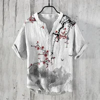 2024 Summer Man Small V-Neck Japanese Art Cat Art Print Shirt men's casual Retro shirts Stylish and comfortable top 1