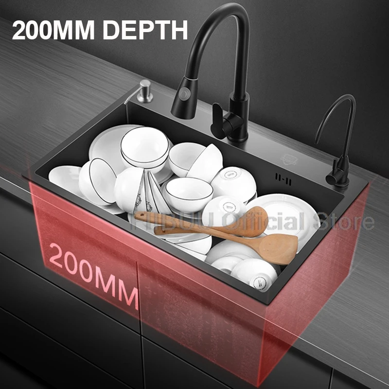 Black Nano Kitchen Sink 304 Stainless Steel Large Capacity Single Slot Thicken Vegatable Workstation with Multiple Accessories