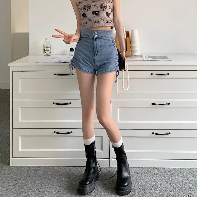 High waisted denim shorts for women's 2023 summer new Korean version with drawstring design for a slimming A-line strap pants