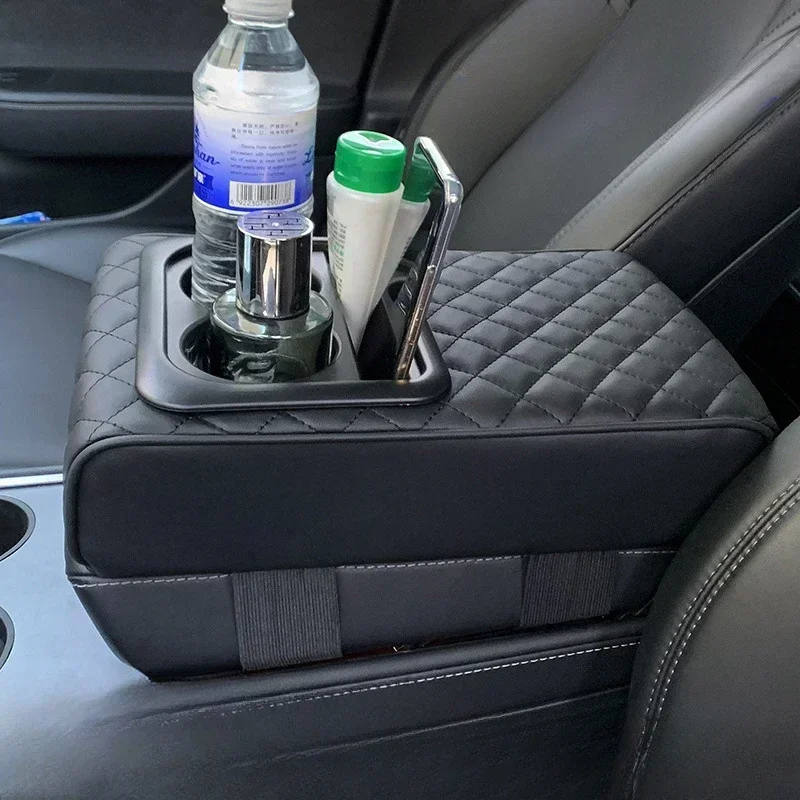 Car Armrest Console Extender with 2 Cup Holders Heightening Pad PU Leather Universal Auto Interior Storage Box Tissue Organizer
