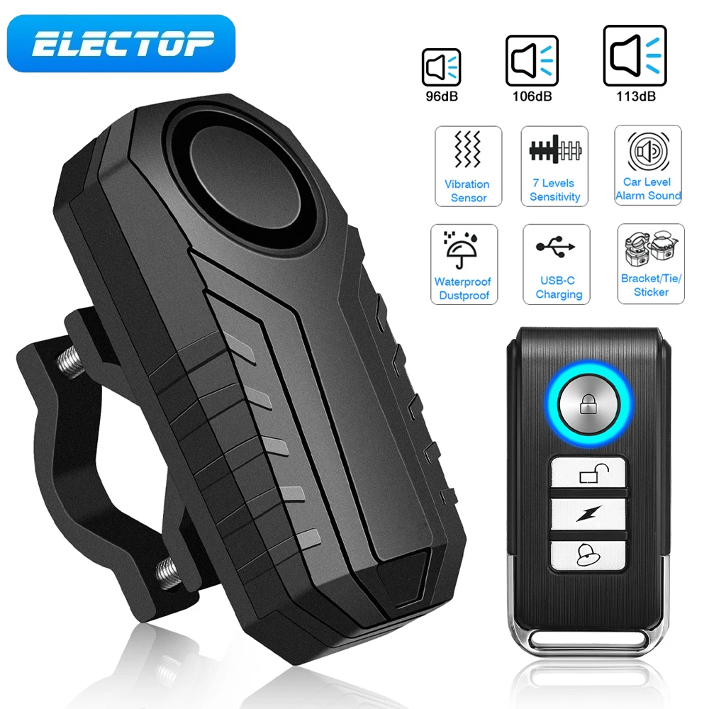 

ELECTOP Bicycle Alarm Anti-Theft 113dB Wireless Vibration Remote Control Bike Motorbike Alarms Home Outdoor Security Protection