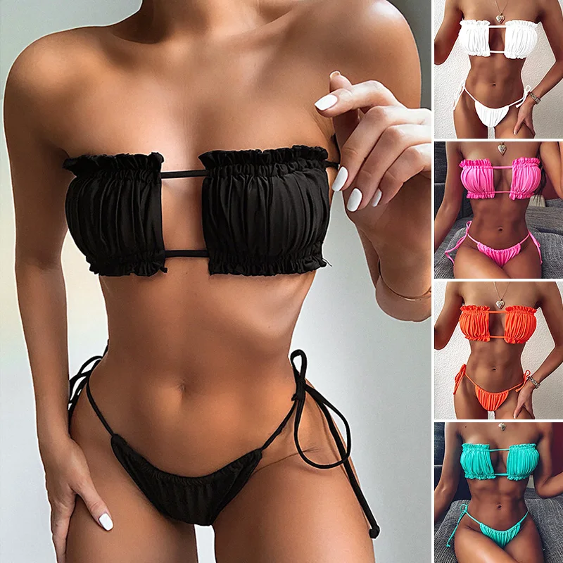 

Women Summer Beachwear Pleated Bandeau Mini Thong Two Pieces Set Bikini Swimsuit Swimwear Sexy Bathing Suit Adjustable