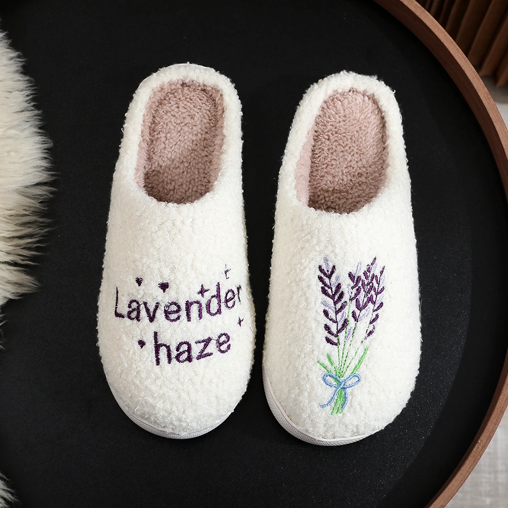 Romantic Gentle Lavender Home Closed Toe Slippers Indoor Fuzzy for Love Girls Gift Winter Anti-slip Soft Sole Leisure Slippers