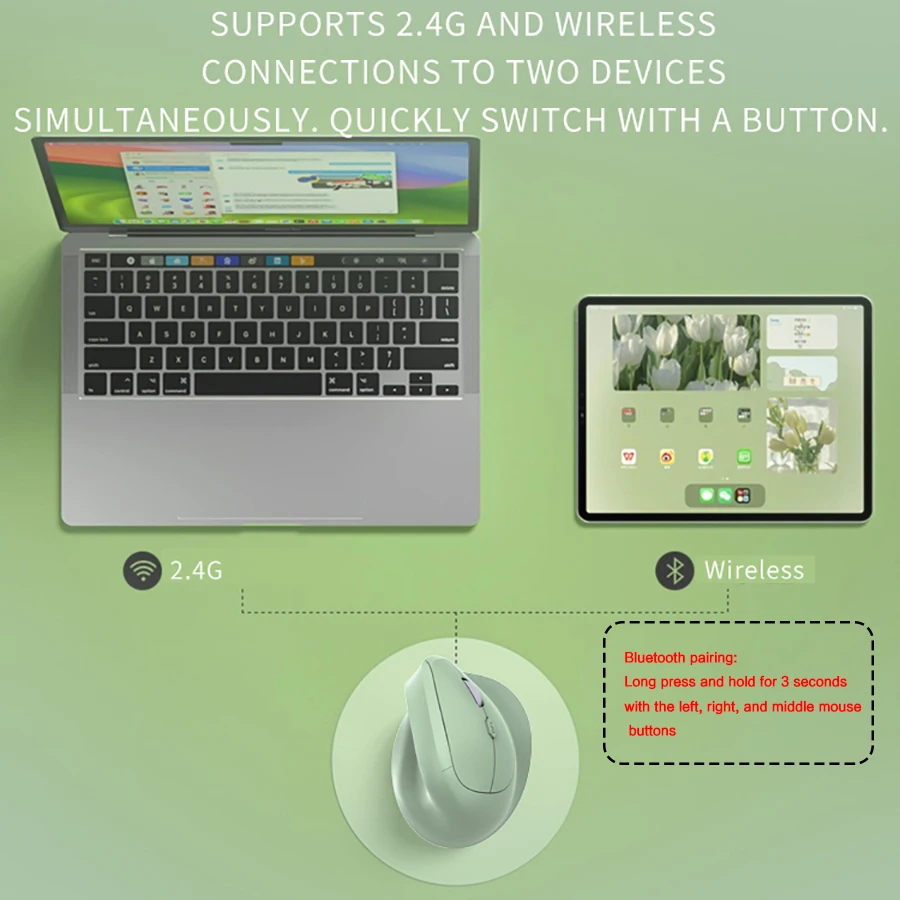 Ergonomic Wireless Vertical Mouse with Silent Click and Rechargeable 1600DPI Optical Sensor