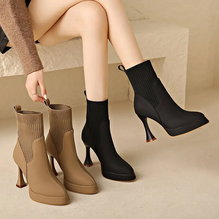 Elegante Damen Stiefeletten Mit Absatz Und Elastischer Schuhspitze_voghion.com