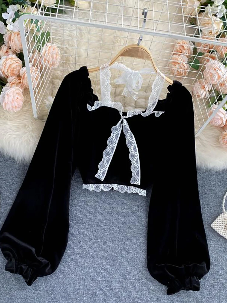 long sleeve blouse Sexy Halter Lace Patchwork Short Blouse For Women Casual Puff Sleeve Velvet Shirt Female Black Tops New Fashion Autumn Winter off the shoulder shirts & tops Blouses & Shirts