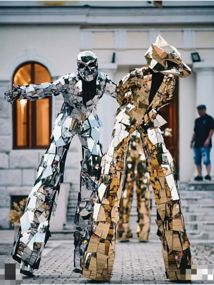 

Customized Hand Sew Mirror Face Stilt Dress Man Parade Performance Costume