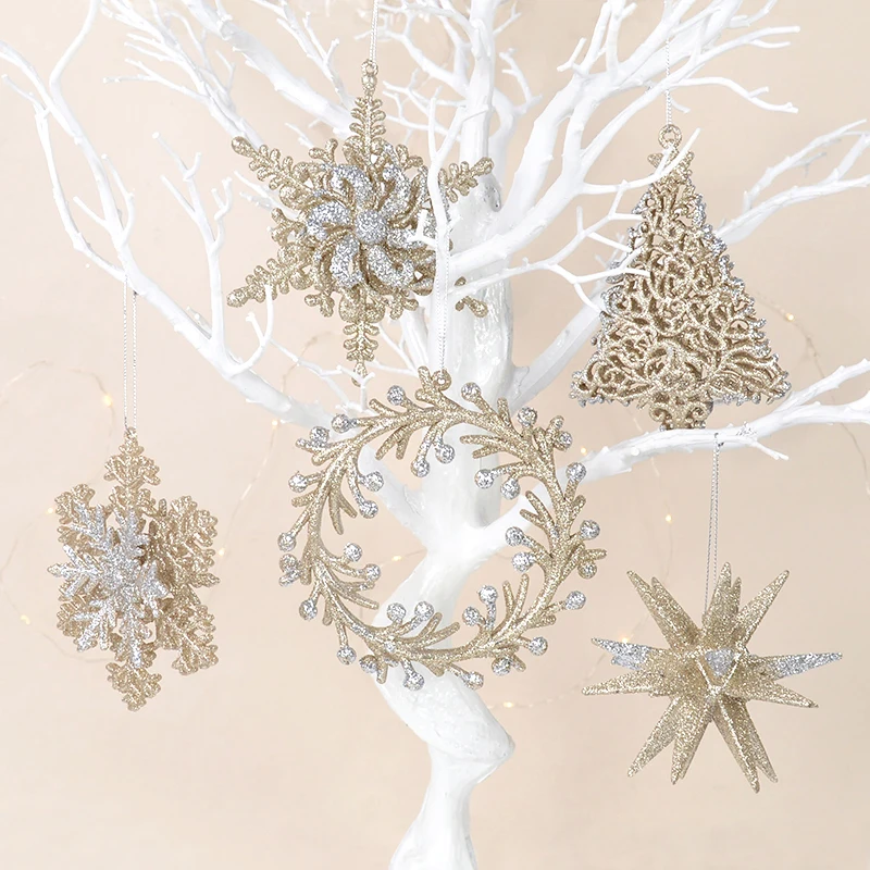 Glitter Christmas Ice 3D Snowflake Xmas Tree Hanging Ornaments Star Wreath Pendants For Home Noel Christmas Decoration New Year