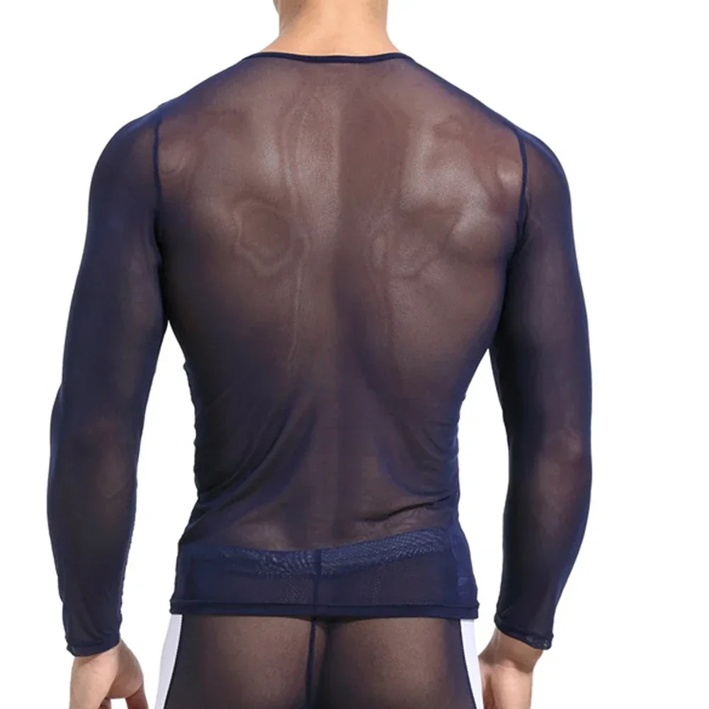Men Mesh See Through Elastic Sport Tops Long Sleeve Top T-Shirt Sheer Tights Sexy Undershirt Fitness Muscle Gay Clothes Clubwear