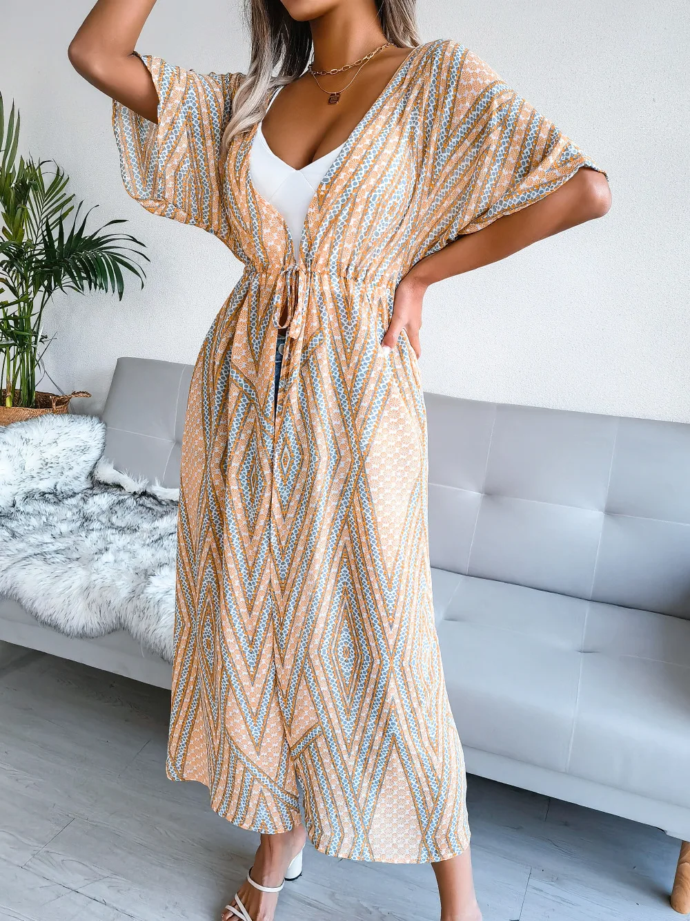 Summer Women Casual Lacing Printing Striped Chiffon Beach Sun Protection Clothing Oversize V-neck Chiffon Multicolor Cardigan bikini cover up set