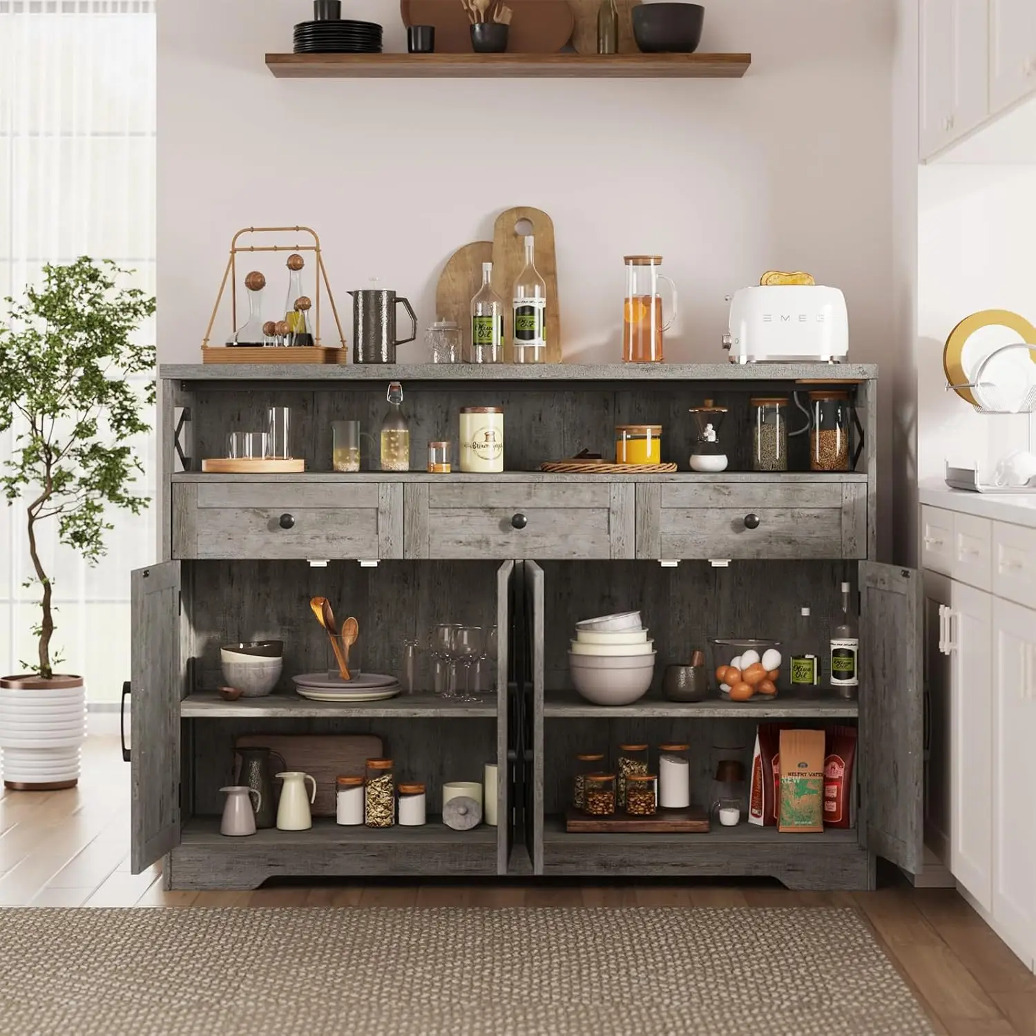 51" Farmhouse Buffet Sideboard Cabinet with Drawers and Barn Doors, Storage Cabinet with Shelf, Kitchen Pantry, Customized 4