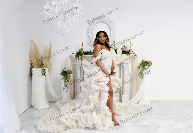 V Neck Ruffles Prom Dresses for Pregnant Women Front Split Evening Dress Maternity Gowns for Photo Shoot Robes Ivory