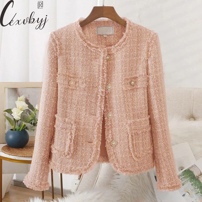 

Korean Tweed Cropped Jacket Women Fall Round Neck Tassel Vintage Coat All-Match Wool Blend Elegant Blazer Jacket Long Sleeve