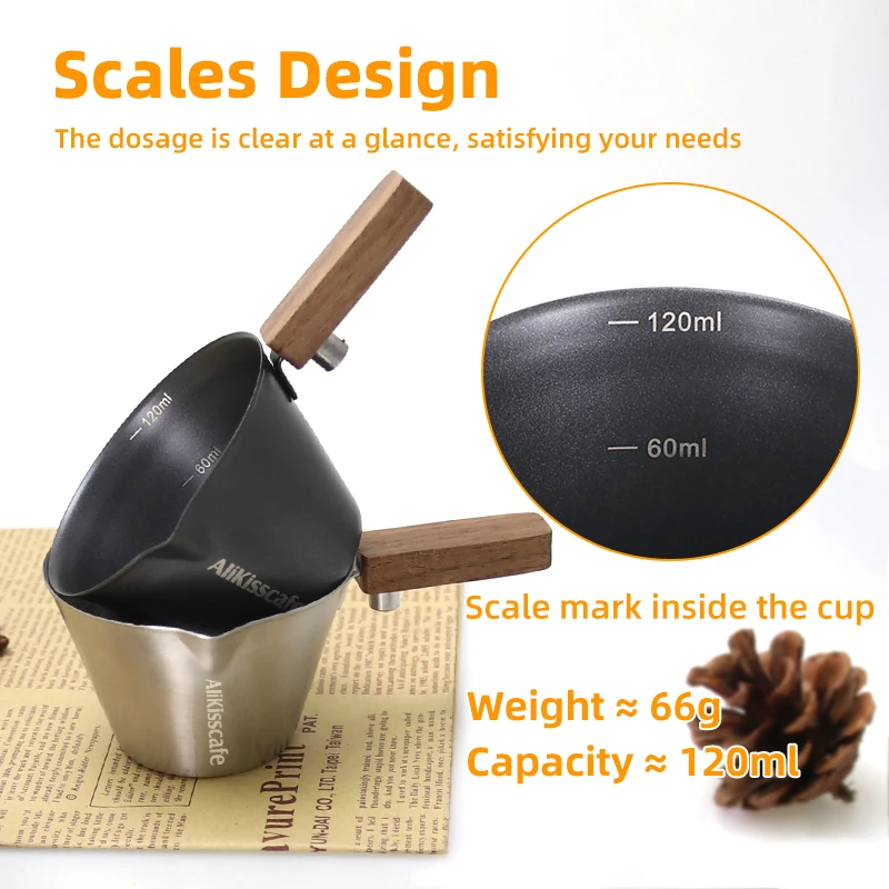 Elegant Stainless Steel Espresso Pouring Cup with Wood Handle & Precise Scale - 120ml