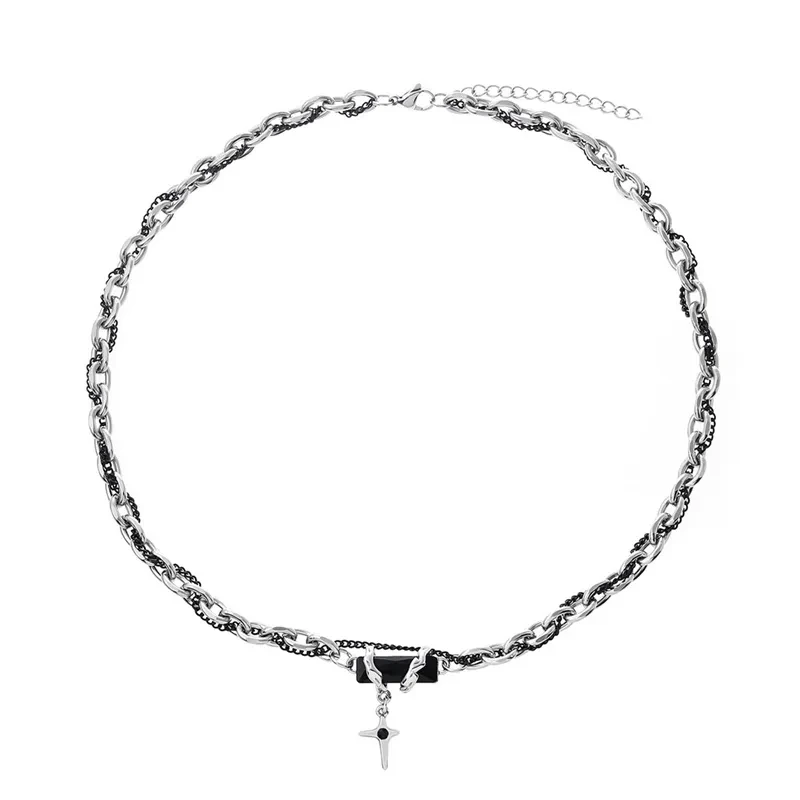 

Double Wrapped Black Zircon Inlaid Titanium Steel Pendant Necklace Niche Commuter Accessories Men/Women Couple Collar Chain