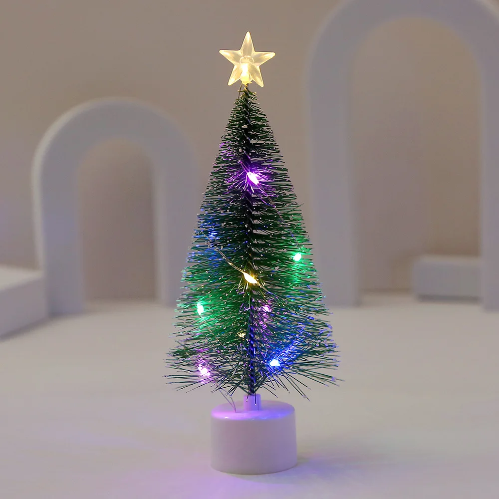 Mini Christmas Trees with LED Light Decor Tabletop Crafting DIY Christmas Gift Green Brush Trees Plastic Winter Snow Ornaments