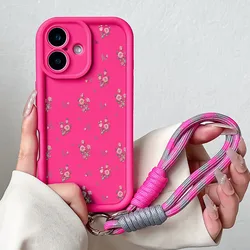 Charming Floral Lanyard Phone Case with Hand Strap and Soft TPU Cover - iPhone 15 Plus (Hua023 - Rose - SS)