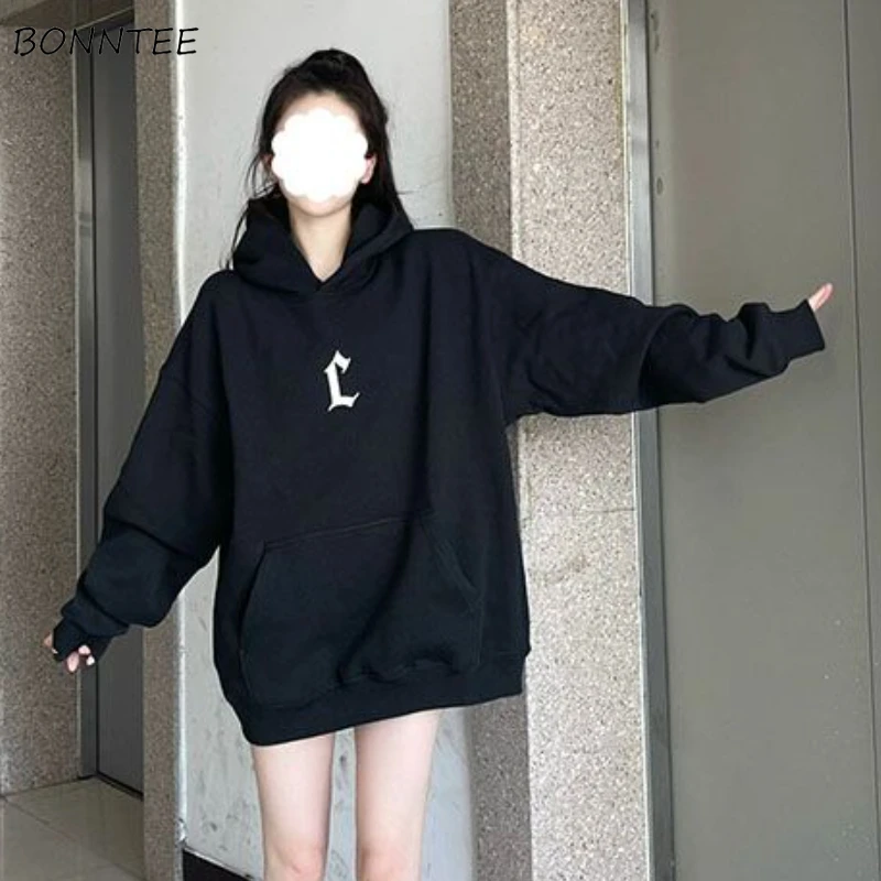 

Black Letter Hoodies Women American Style College Loose Autumn Winter Hooded Clothes BF Street Fashion Youth All-match Simple