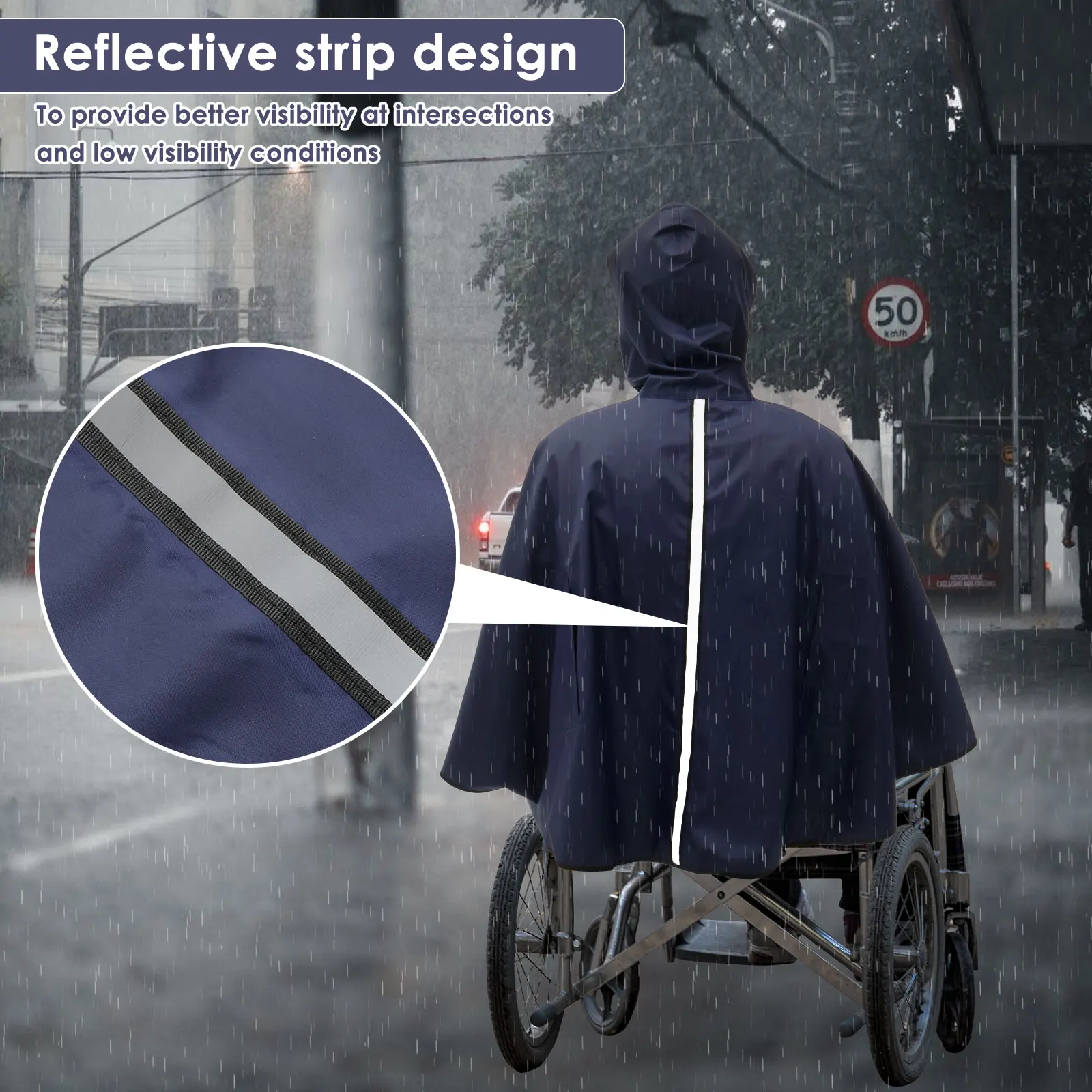 Reflective Wheelchair Poncho Polyester Waterproof Mobility Scooter Raincoat With Adjustable Hood Disabled Raincoat for Men Women