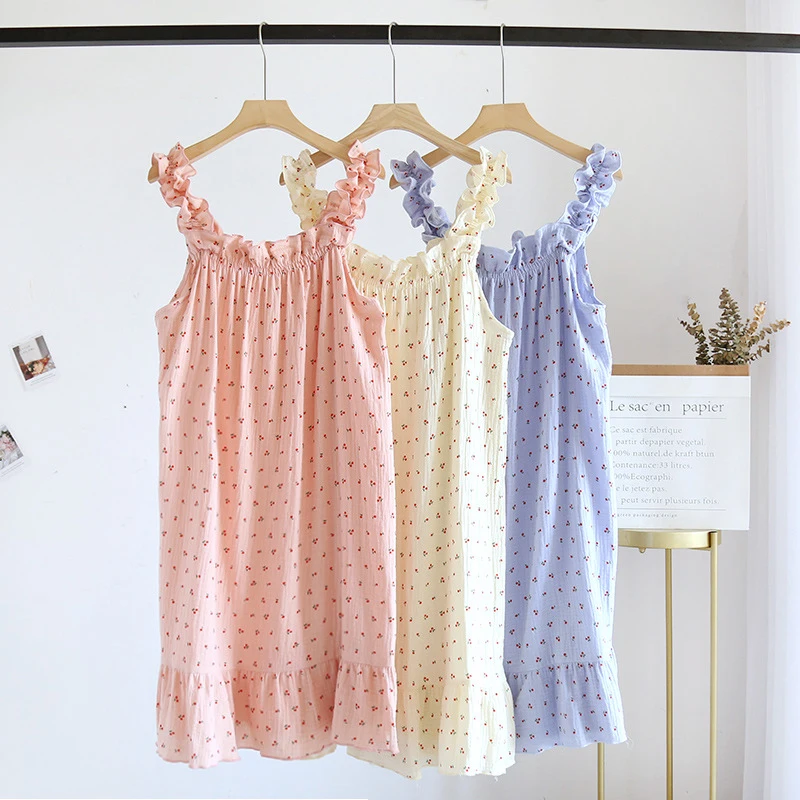 New Printed Ruffle Edge Sling Nightdress For Women Summer Thin Loose Large Size Nightgown Korean New Off Shoulder Home Pajama