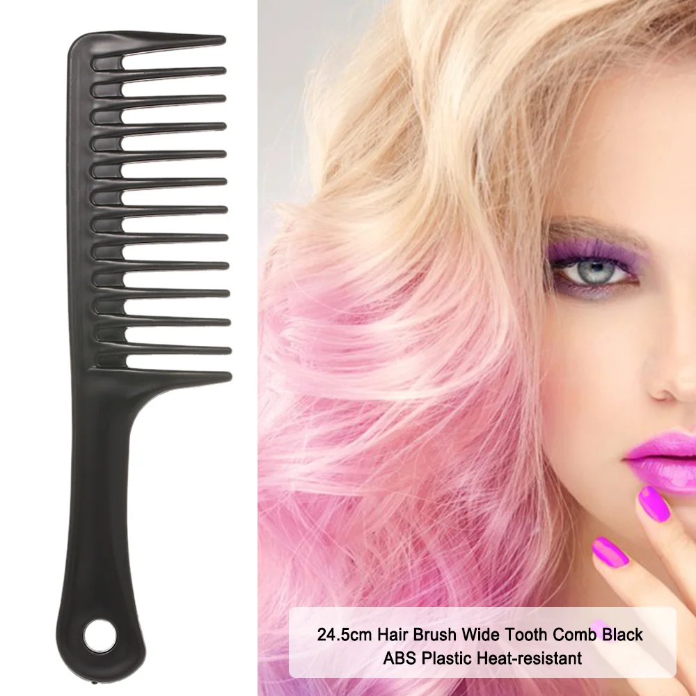 24.5cm Hair Brush Wide Tooth Comb Black ABS Plastic Heat-resistant Large Haircomb Wet Hook Curly Hair Brushes Hairstying Tool